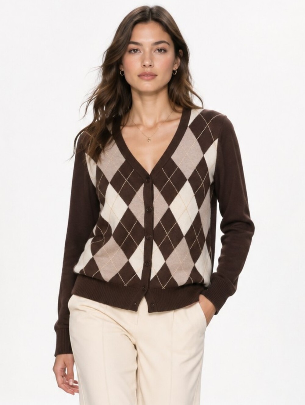 St. John's Bay Brown Argyle V-Neck Button Down Cardigan Sweater Large